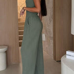 Linen Blend Solid Color Off-the-shoulder Pleated Casual Pocket Wide-leg Jumpsuit
