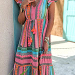 Sunlit Magic Linen Blend Ethnic Print Ruffle Sleeve Tassel Maxi Dress