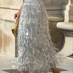 Evening Charm Layered Sequined Tassels High Rise Back Zipper Slit Midi Skirt