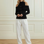 Long Sleeves Skinny Buttoned Pleated Ribbed Knit Cold Shoulder Knit Top