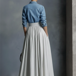 Women's elegant style denim-look shirt and cotton-linen skirt set