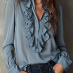 Dusty Blue Ruffle Front V-Neck Button Chiffon Blouse