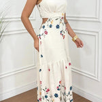 Vanie Linen Blend Floral Print Cutout Waist Back Smocked Slit Maxi Dress