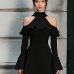 Cold-Shoulder Ruffled Mini Dress With High Neck