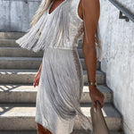 V-neck tassel sleeveless mini dress