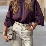 SATIN BLOUSE WITH EGGPLANT COLLAR