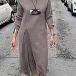 Jollie Knit Long Sleeve Front Slit Midi Sweater and Pleated Tulle Stretch Tank Midi Dress Two-piece Set