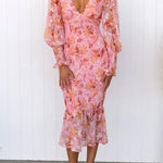 V Neck Long Sleeves Smocked Fairy Floral Mermaid Midi Dress