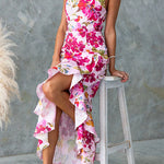 Halter Sleeveless Ruffle Hem Slit Floral Print Maxi Dress