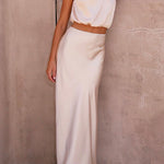 Margovil Turtleneck Sleeveless Crop Top High Waist Maxi Skirt Satin Set