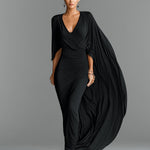 Women's Black Stretch Jersey Dress With Deep V-Neck & Cape Sleeve, Timeless Dramatic-Luxe Style Dress