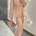 Edan Textured Knit Sequin Patchwork Drawstring Zipper Sweatshirt and Stretch Wide Leg Pants Set