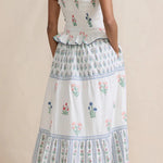 White Floral Print Frill Smocked Bodice Boho Dress