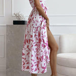 PLANT SILHOUETTE PRINTED BELT SHIRT MIDI DRESS