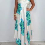 Satin Unique Print V-neck Suspender Midi Dress