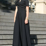 Half Sleeves High Waisted Solid Color Tied Waist V-Neck Maxi Dresses