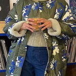 Floral Printed Round Neck Single Breasted Thin Cotton Jacket
