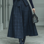 Women's Dark Blue High Elastic Knit And Plaid Wool Skirt Set