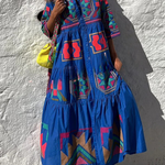Take Me To Cabo Ethnic Unique Print Button Loose Shirt Midi Dress