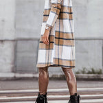 Women's Mid Length Double Breasted Plaid Print Woolen Coat