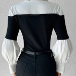 Long Sleeves Loose Buttoned Contrast Color Pleated Split-Joint Lapel Blouses&Shirts Tops