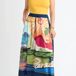 Seaside Holiday Satin Unique Print Knotted Scarf Top and Elastic Waist Loose Maxi Skirt Set