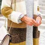 Stripe Print Colorblock Pocketed Open Front Long Cardigan