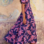Botanical print puff sleeve A-line dress