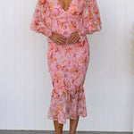 V Neck Long Sleeves Smocked Fairy Floral Mermaid Midi Dress