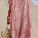 Margovil V Neck Short Sleeve Baggy Cotton Linen Midi Dress