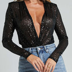 Margovil Wrap Deep V Neck Long Sleeves Sequin Bodysuit