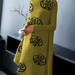 A-Line Long Sleeves Flower Print Mock Neck Midi Dresses