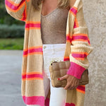 Striped Colorblock Rib Knit Drop Sleeve Long Cardigan