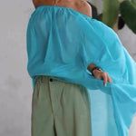 High-Low Loose Elasticity Pleated See-Through Solid Color Off-The-Shoulder Blouses&Shirts Tops