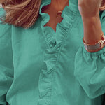 Puff Sleeves Falbala Solid Color V-Neck Blouses