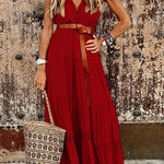 High waist V-neck splicing elegant mid-length dress dress