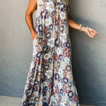 Sky Blue Floral Sleeveless Pocketed Wide Leg Jumpsuit