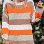 Multicolor Striped Knitted Drop Shoulder Turtleneck Sweater