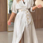Solid Color Lapel Pocket Pattern Lace-up Loose Maxi Dress