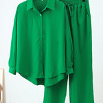 Solid Color High-Low Long Sleeves Lapel Blouses + Drawstring Pants Two Pieces Set