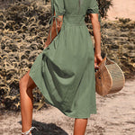 Short-sleeved v-neck solid color cotton and linen dress