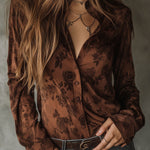Vintage Rose Pattern Brown Button-Down Shirt
