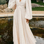 Wedding Guests Pleated Textured Chiffon Fabric Balloon Sleeve Open Back Maxi Dress