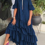 Flared Sleeves Half Sleeves Asymmetric Layered Pleated Printed Ruffle Trim Round-Neck Maxi Dresses