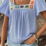 Sky Blue Striped Crochet Applique Boho Blouse