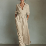 Women's Beige Linen Fabric Shirt Maxi Dress With Self-Tie Belt & Side Slit