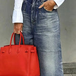 Loose Wide Leg Buttoned Fringed Pockets Jean Pants Bottoms