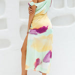 Asymmetric Shoulder Waisted Tie Dye Slit Maxi Dress