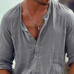 Men's Casual Cotton Linen Stand Collar Single Breasted Long-Sleeved Shirt