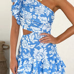 Margovil One Shoulder Cut Out Floral Print Ruffle Mini Dress (in 3 Colors)
